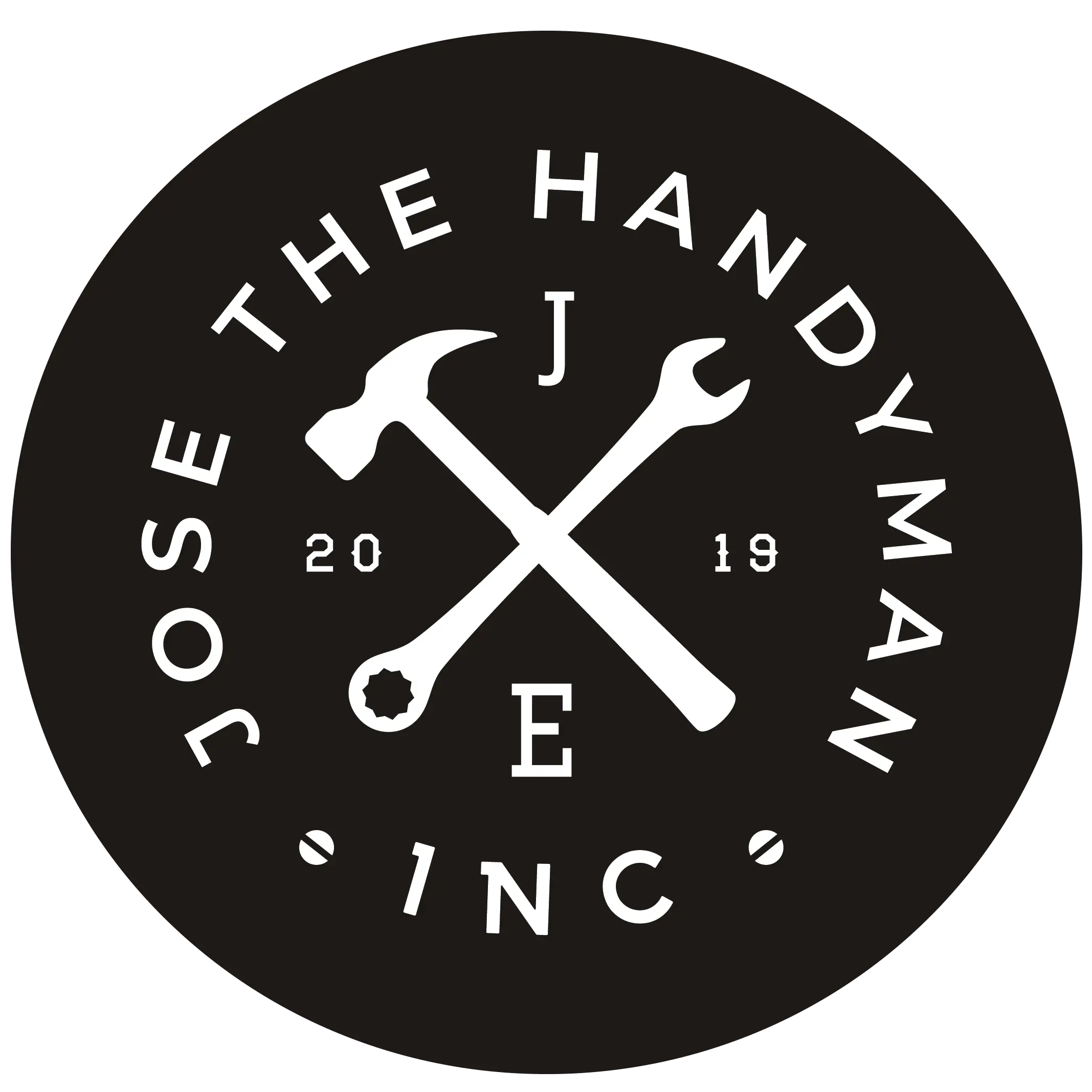 Logo of "jose the handyman inc." featuring crossed wrench and hammer, with establishment year 2019, inside a black circle with white text.