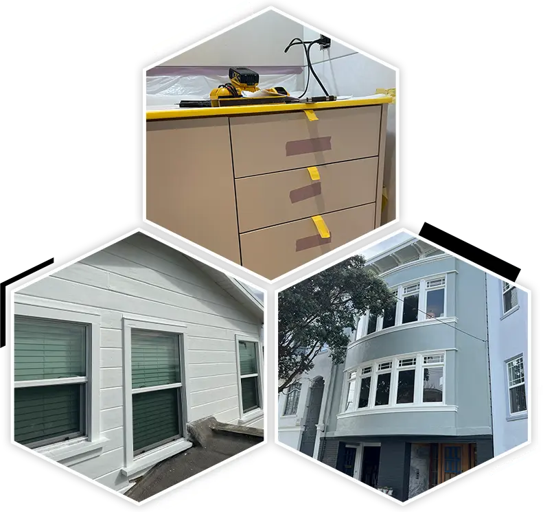 Three-panel image showing a taped drawer, a close-up of a house window, and a white multi-story building with bay windows handyman near me.