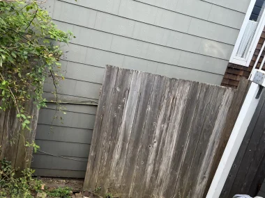 A weathered wooden fence panel leaning against a gray house siding beside overgrown greenery and various discarded items.